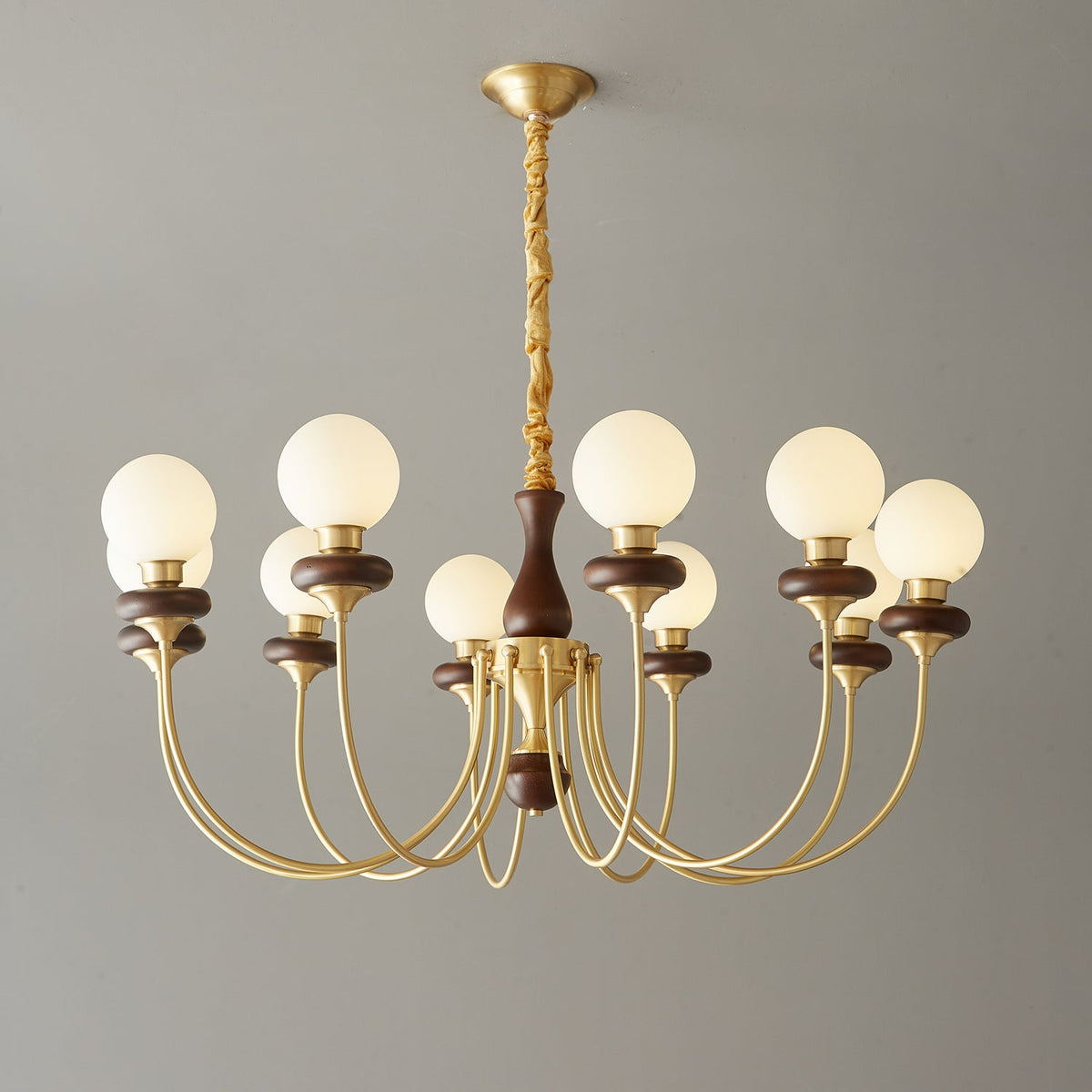 Bellagio Arc Chandelier — Modern Brass & Wood Designer Pendant Light