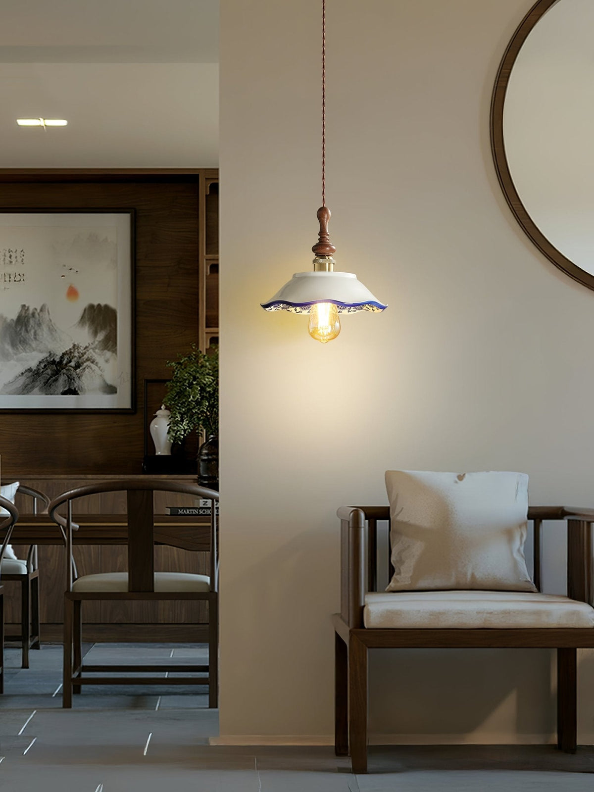 Bellaria Ceramic Pendant Light with Hand-Painted Scalloped Details