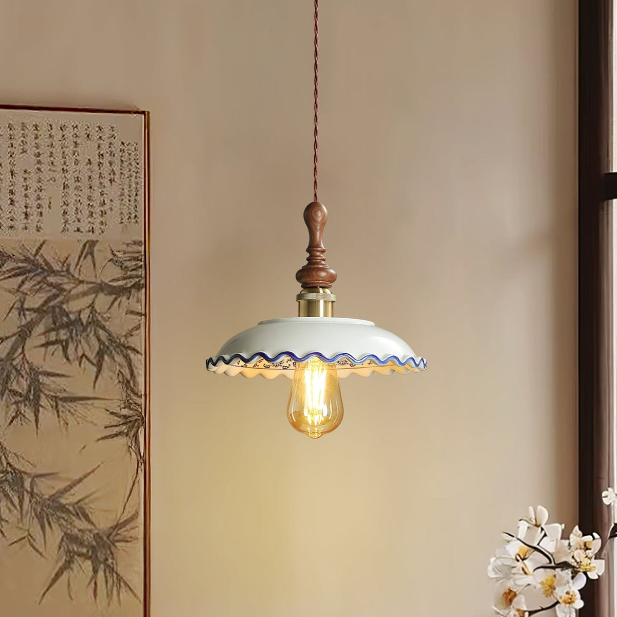 Bellaria Ceramic Pendant Light with Hand-Painted Scalloped Details