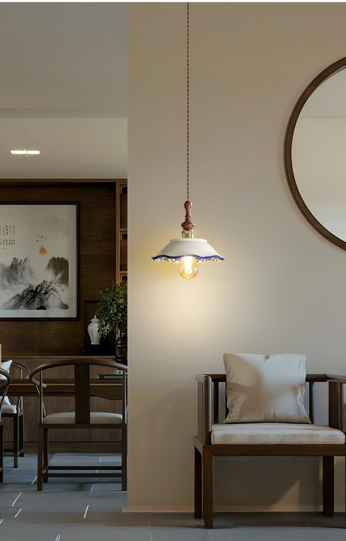 Bellaria Ceramic Pendant Light with Hand-Painted Scalloped Details