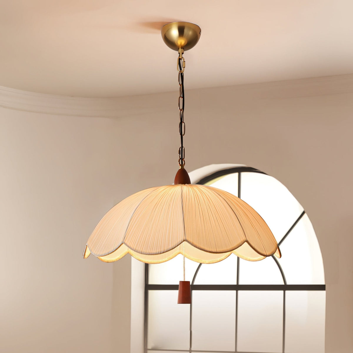 Belle Bloom Fabric Pendant Light with Walnut Accent, Scalloped Pleated Shade
