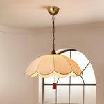 Belle Bloom Fabric Pendant Light with Walnut Accent, Scalloped Pleated Shade
