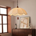 Belle Bloom Fabric Pendant Light with Walnut Accent, Scalloped Pleated Shade