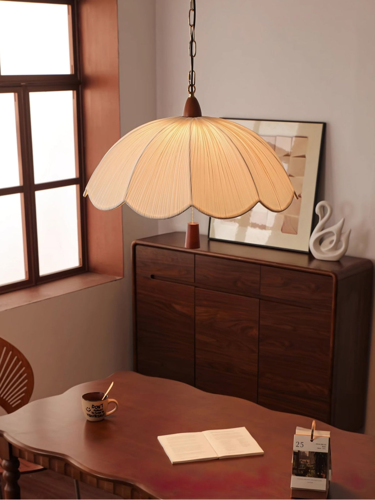 Belle Bloom Fabric Pendant Light with Walnut Accent, Scalloped Pleated Shade