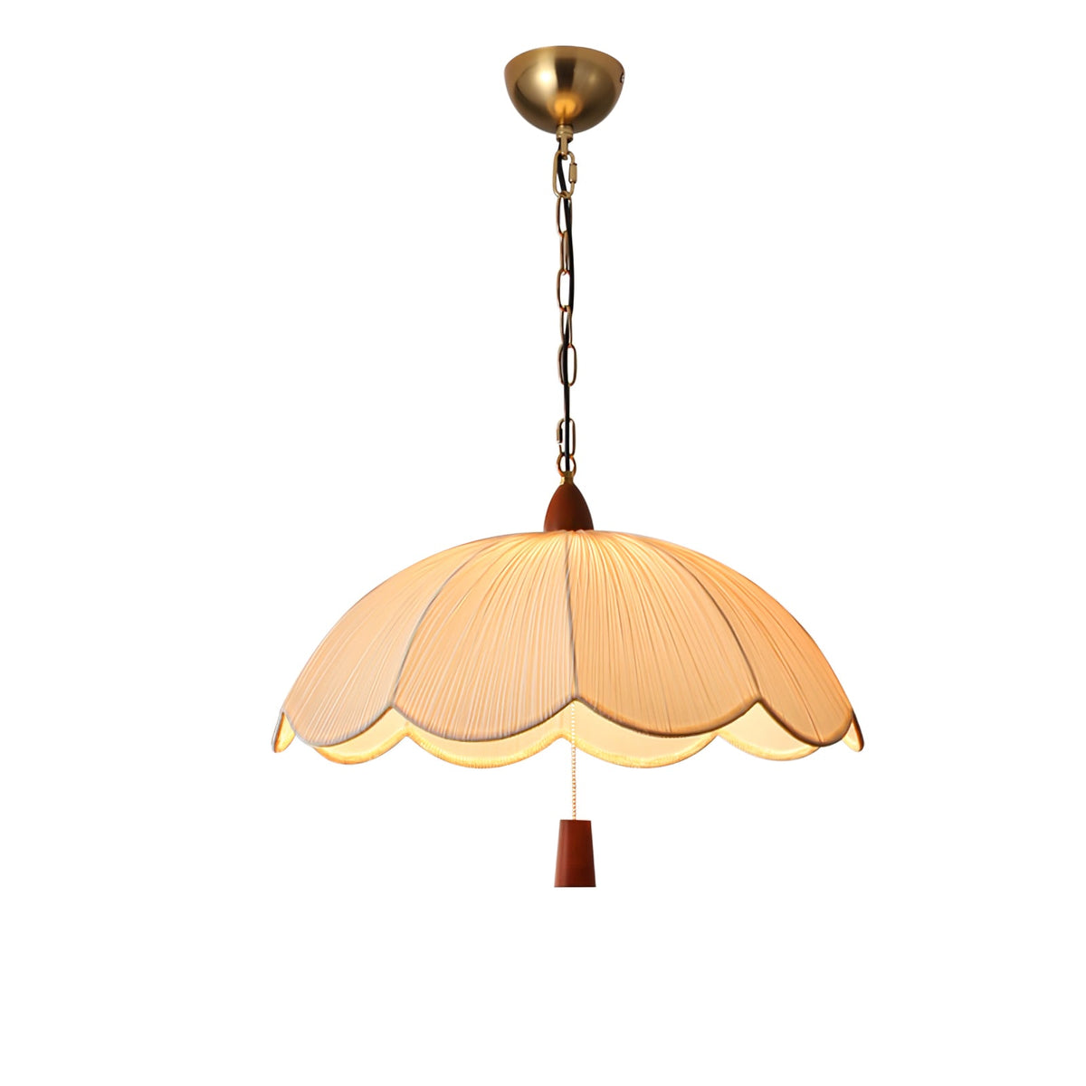 Belle Bloom Fabric Pendant Light with Walnut Accent, Scalloped Pleated Shade