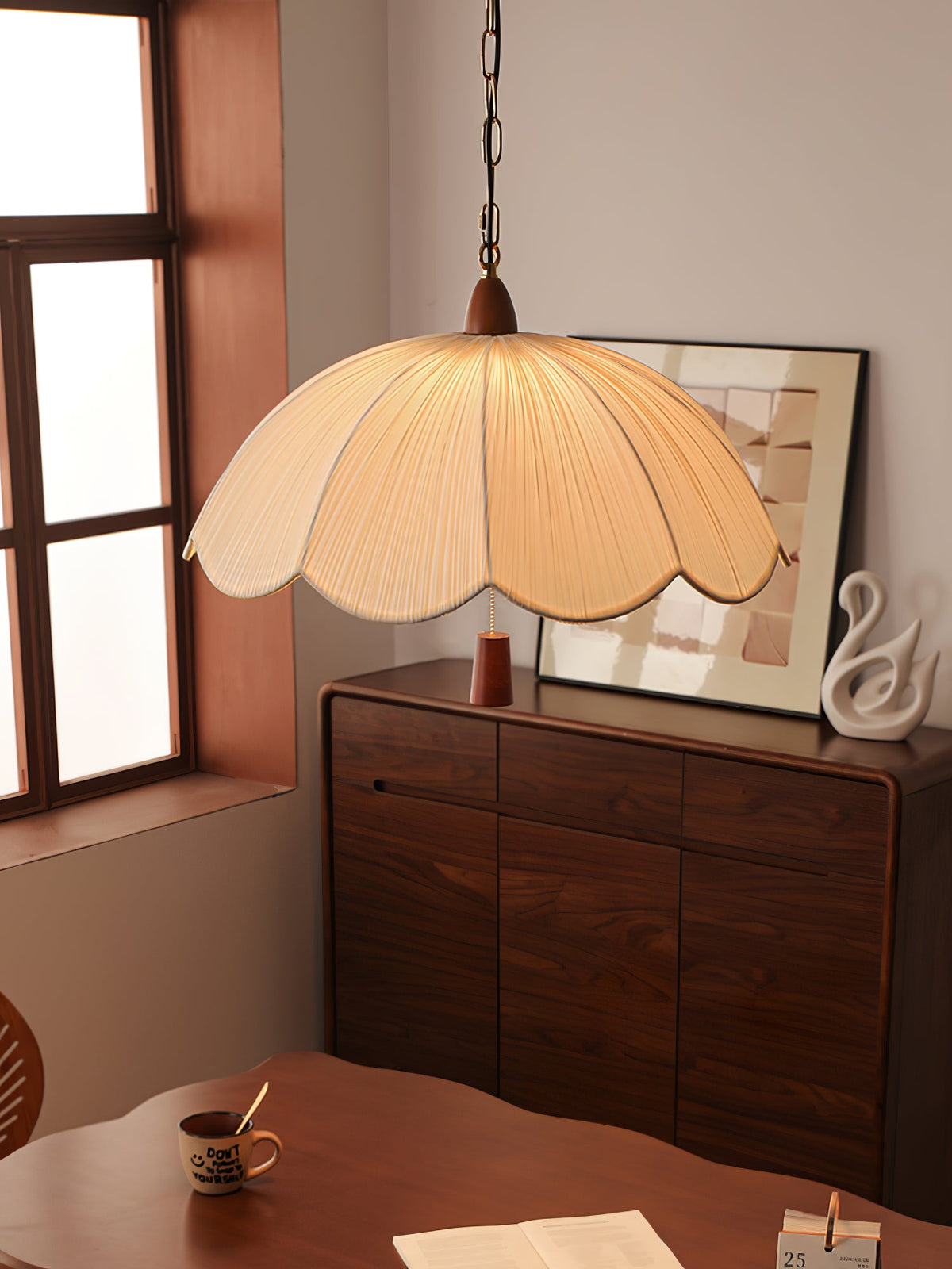 Belle Bloom Fabric Pendant Light with Walnut Accent, Scalloped Pleated Shade