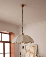 Belle Bloom Fabric Pendant Light with Walnut Accent, Scalloped Pleated Shade