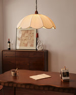 Belle Bloom Fabric Pendant Light with Walnut Accent, Scalloped Pleated Shade