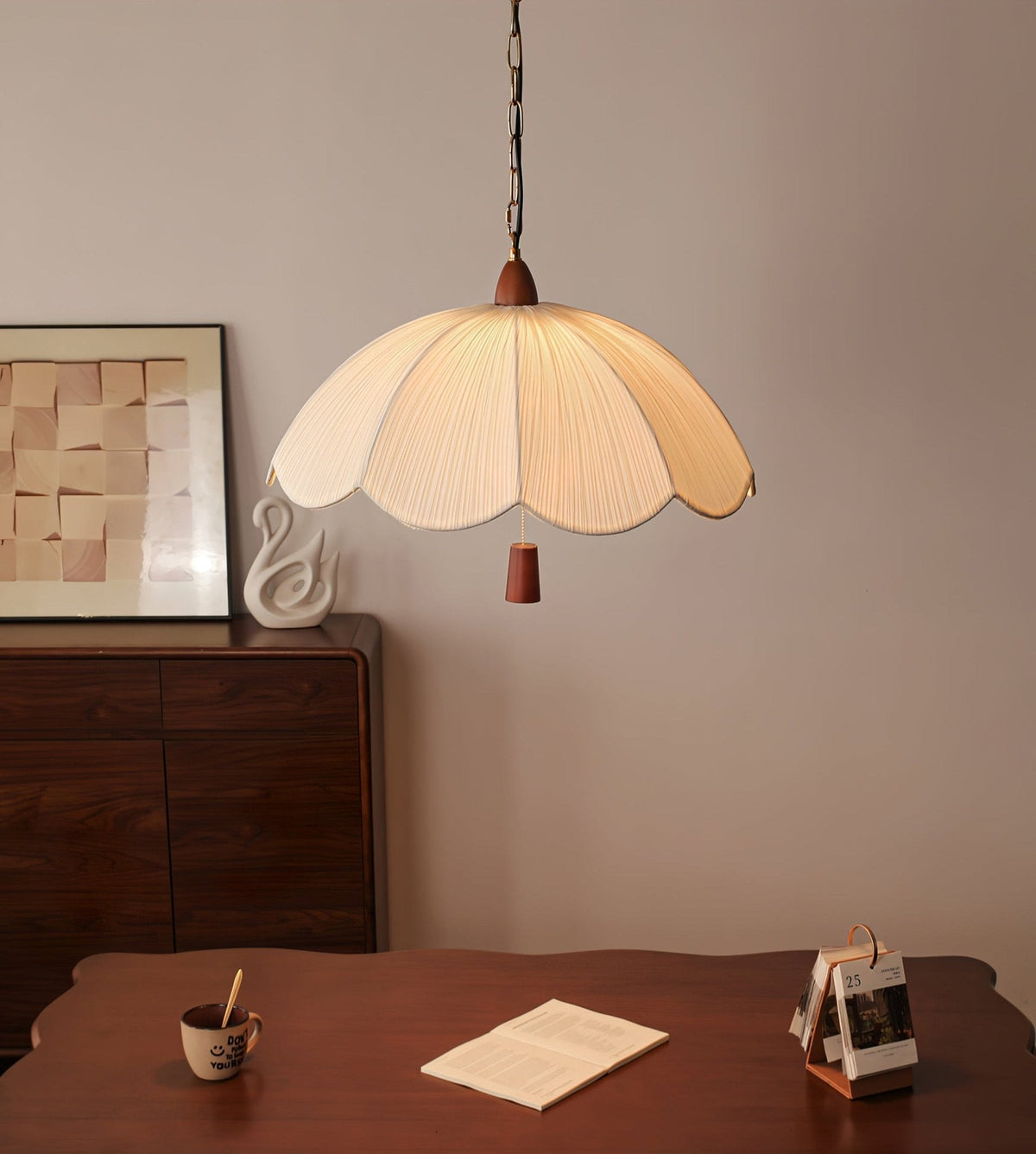 Belle Bloom Fabric Pendant Light with Walnut Accent, Scalloped Pleated Shade