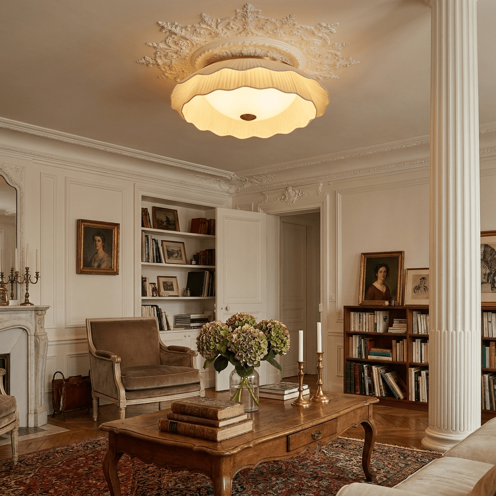 Belle Epoque Pleated Flush Mount Ceiling Light in Walnut and White