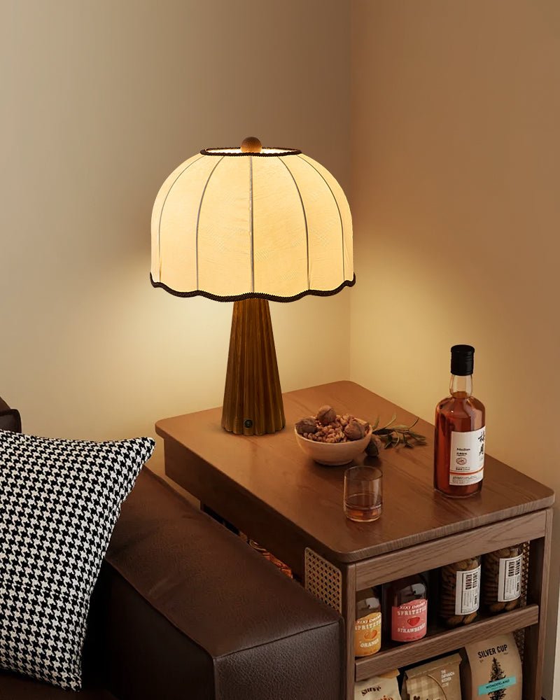 Bellina Table Lamp with Scalloped Fabric Shade and Walnut Wood Base