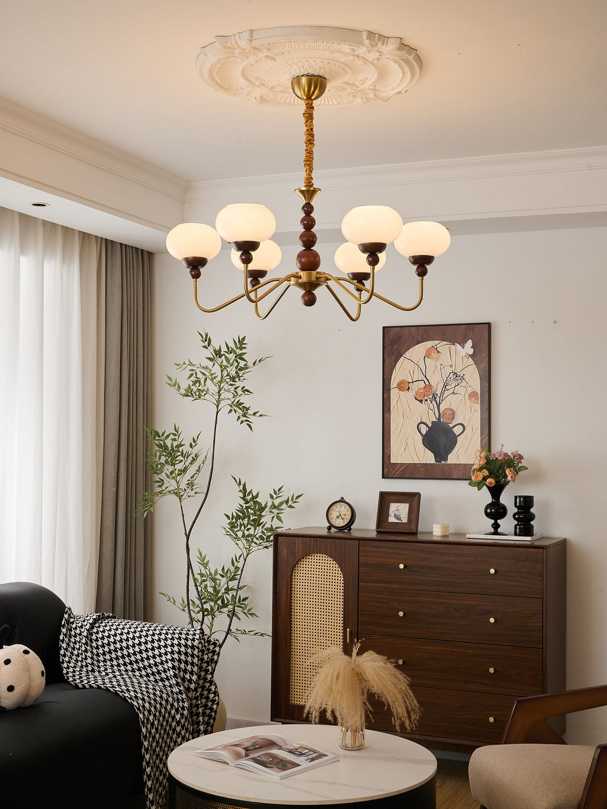 Bellini Modern Wood and Glass Chandelier for Dining Room and Living Room