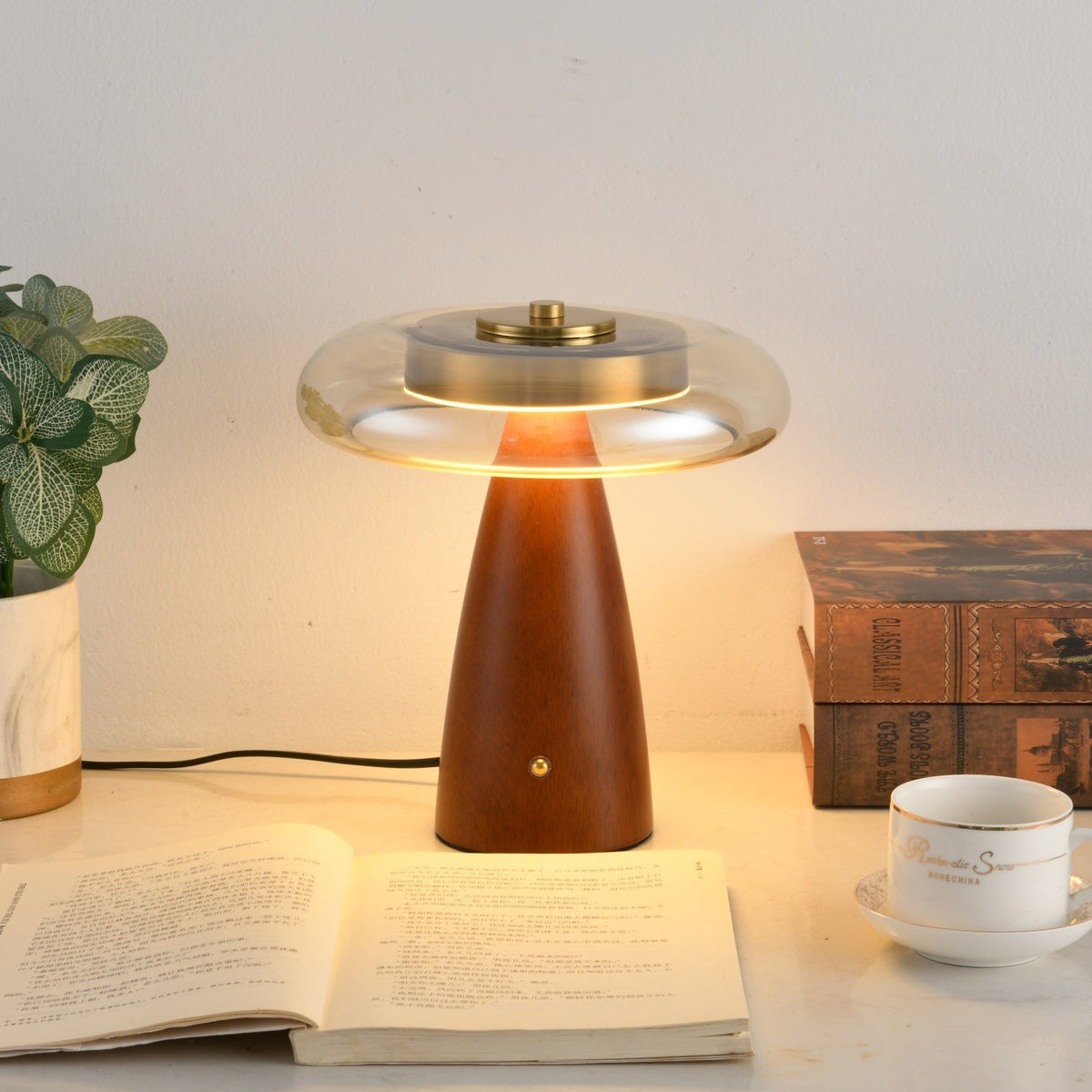 Belluno Sculptural Wooden Table Lamp with Glass Shade