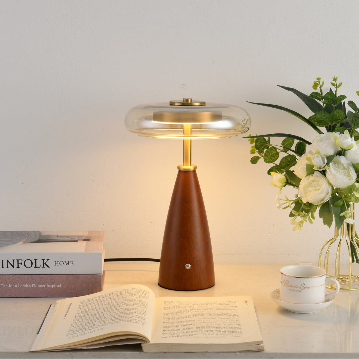 Belluno Sculptural Wooden Table Lamp with Glass Shade