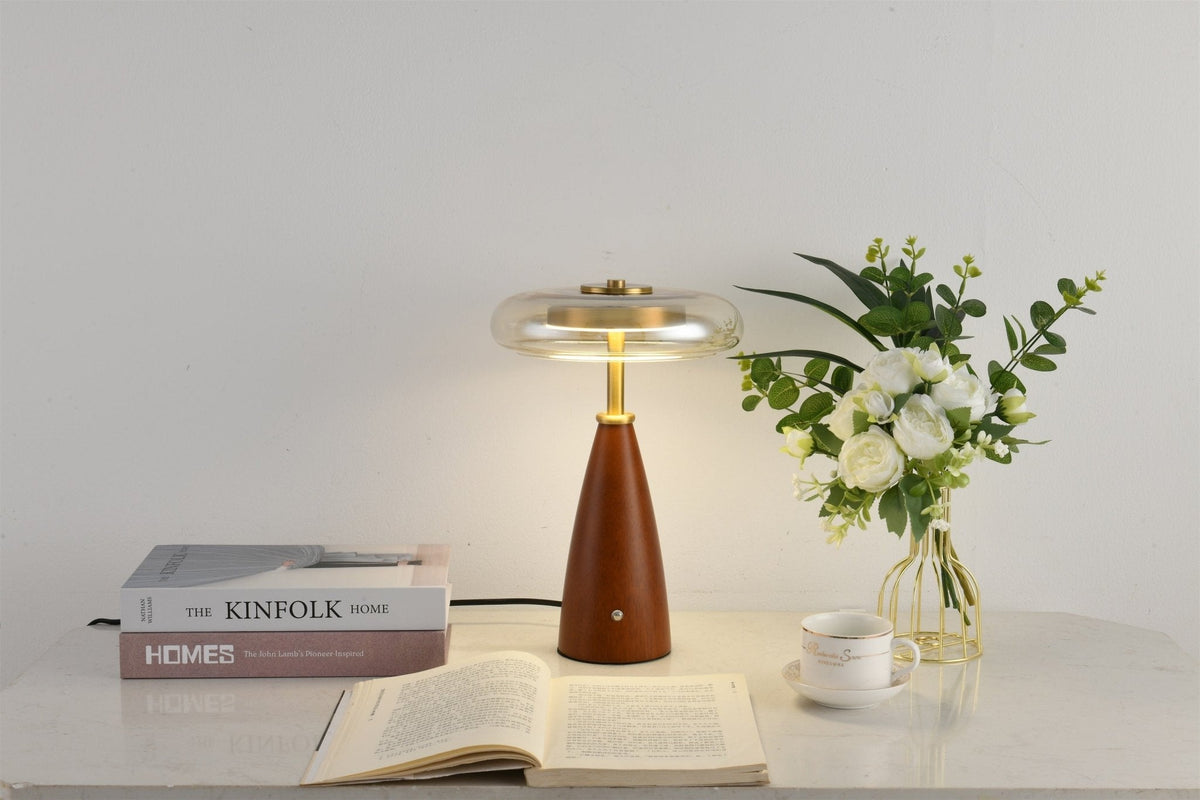 Belluno Sculptural Wooden Table Lamp with Glass Shade