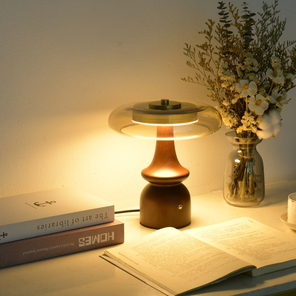 Belluno Sculptural Wooden Table Lamp with Glass Shade