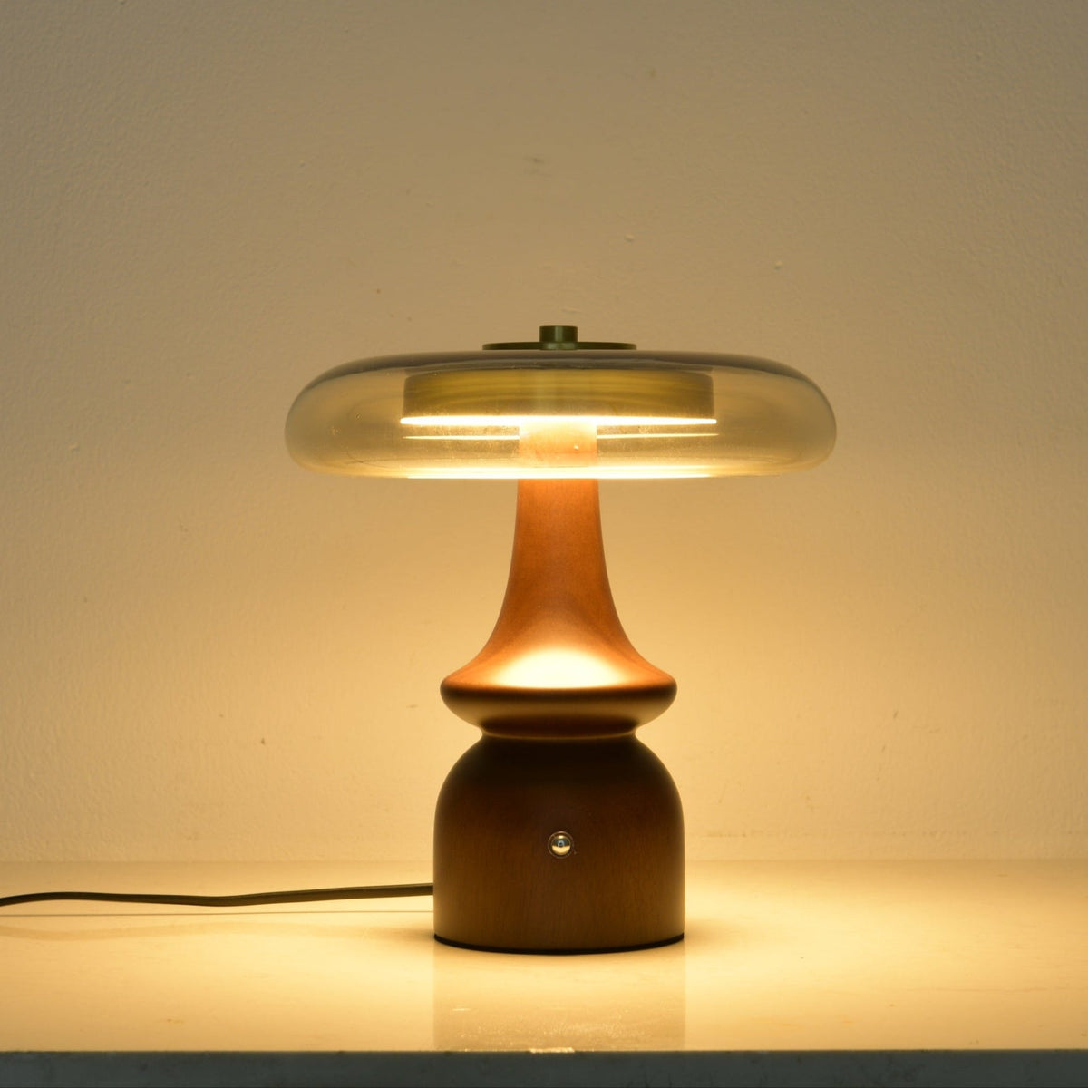 Belluno Sculptural Wooden Table Lamp with Glass Shade