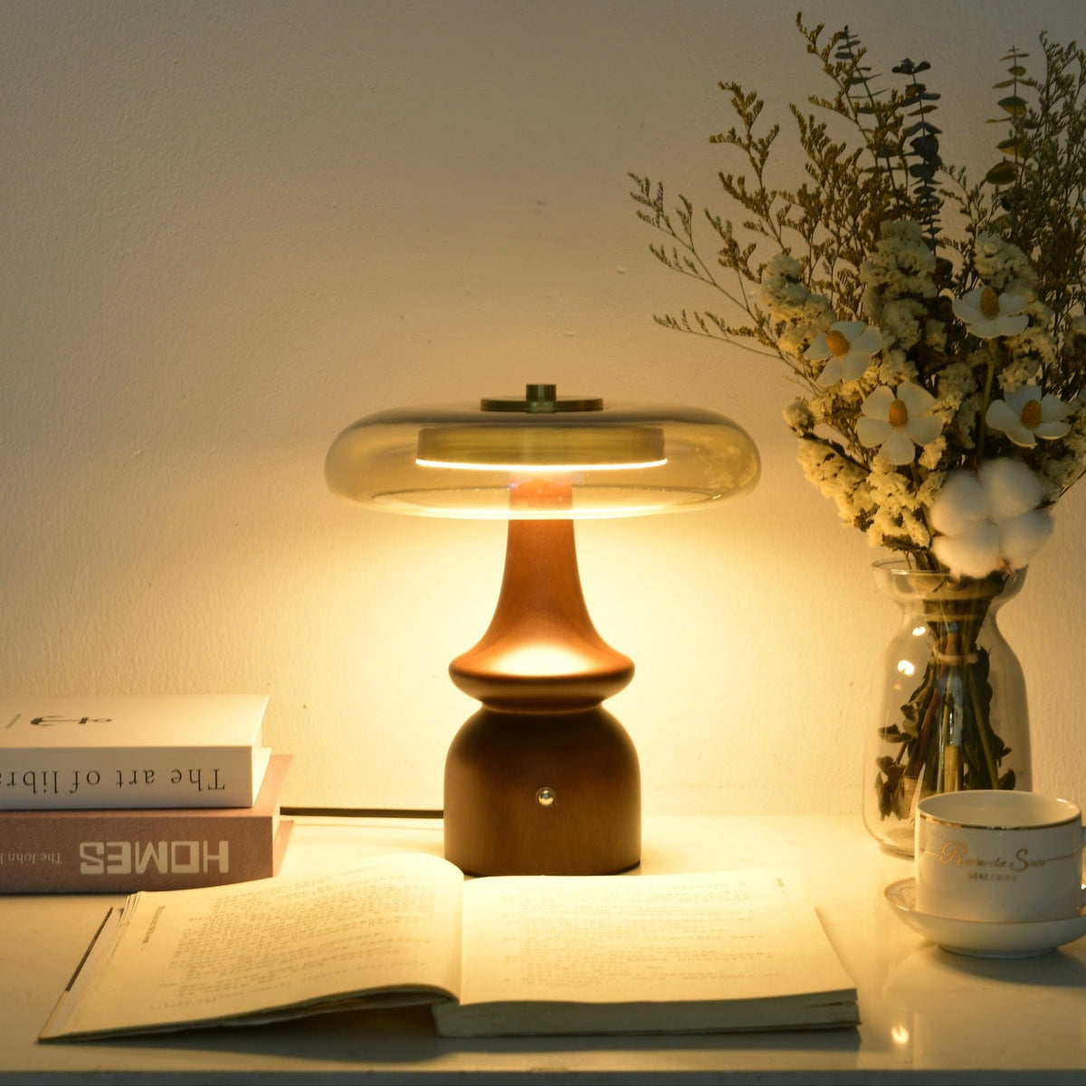 Belluno Sculptural Wooden Table Lamp with Glass Shade