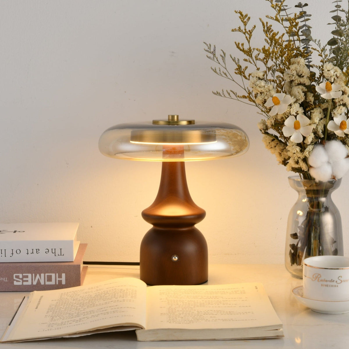 Belluno Sculptural Wooden Table Lamp with Glass Shade