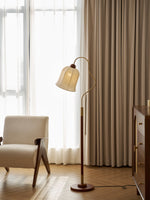 Bellvine Floor Lamp – Curved Brass & Walnut Wood with Floral Fabric Shade