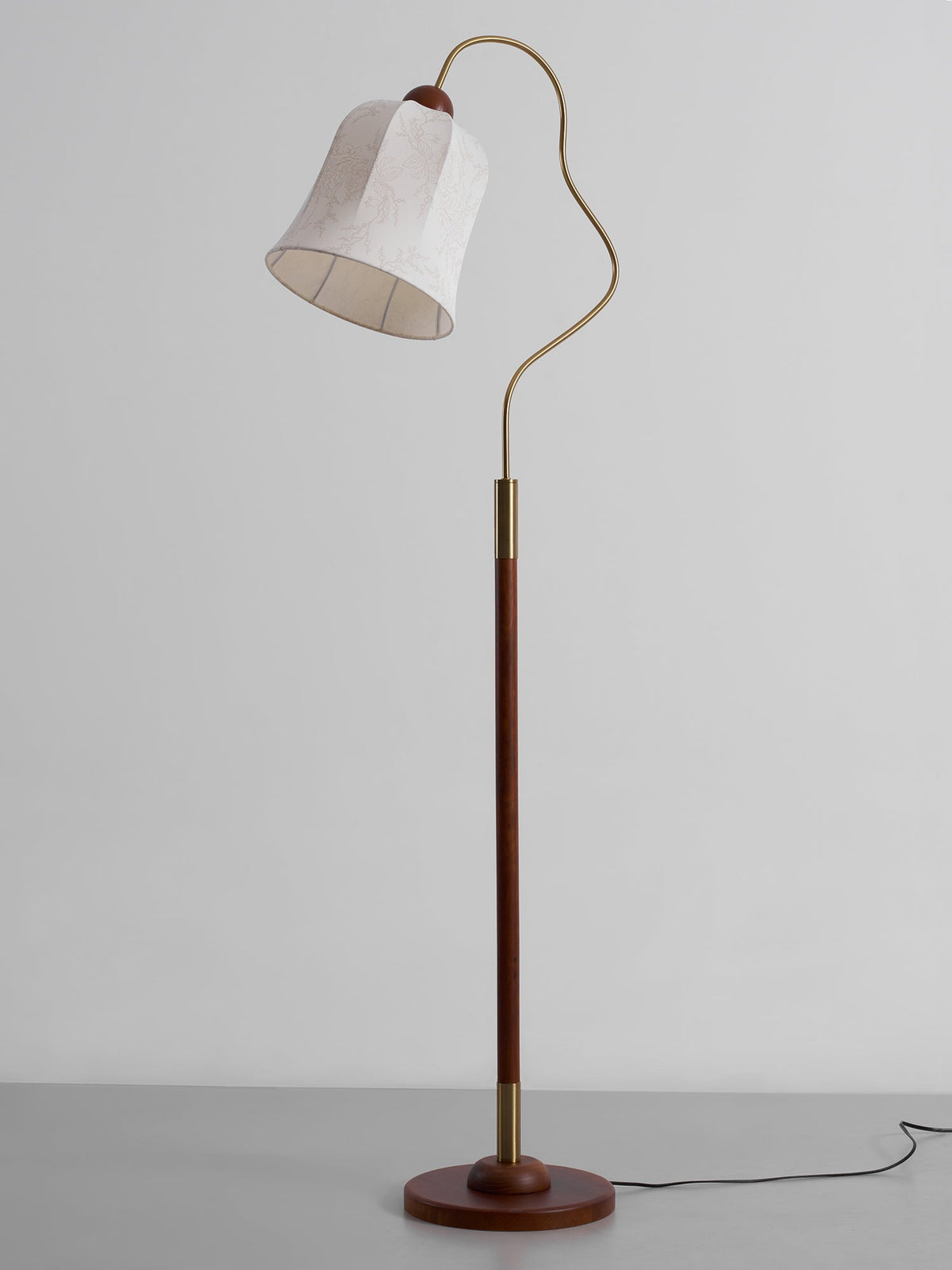 Bellvine Floor Lamp – Curved Brass & Walnut Wood with Floral Fabric Shade