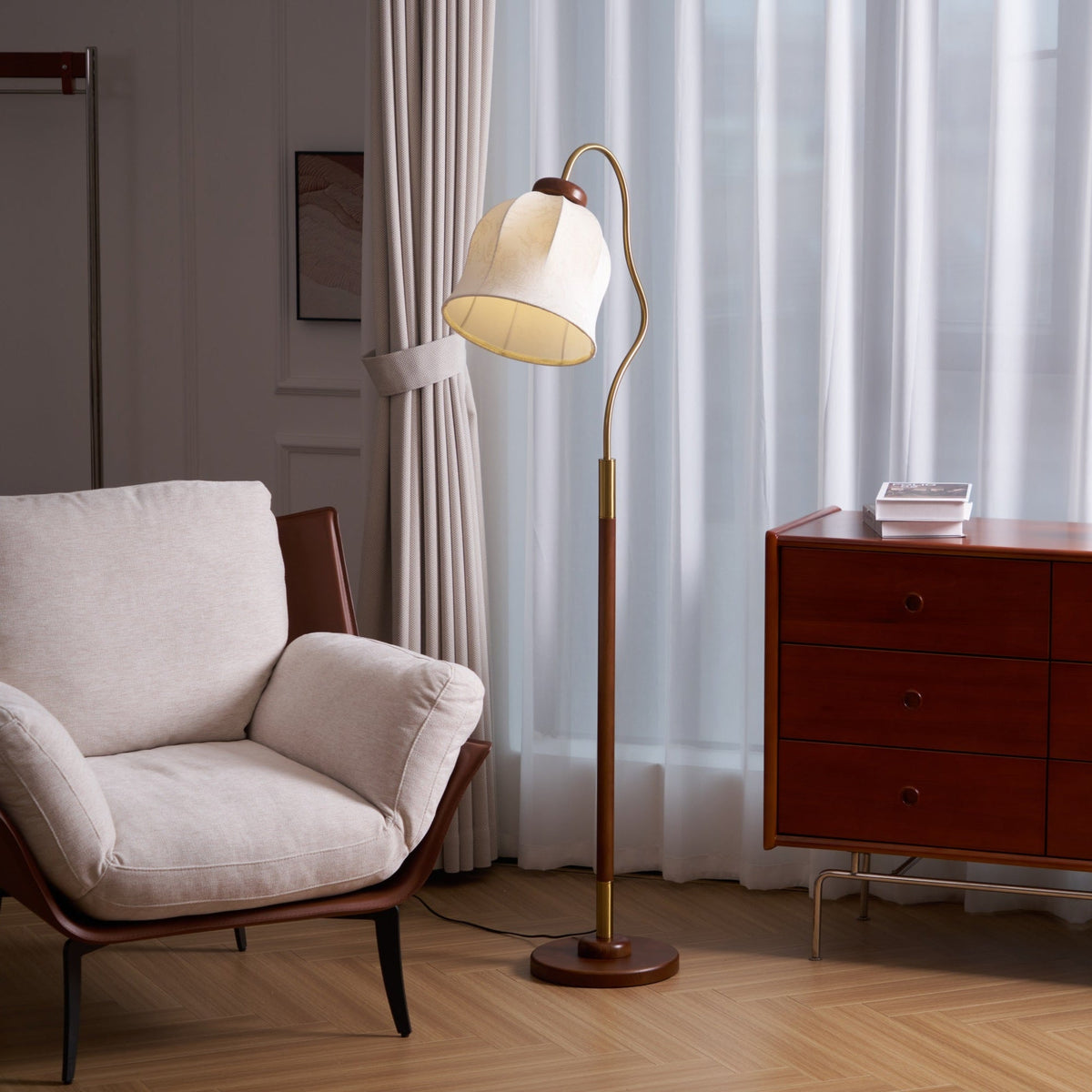 Bellvine Floor Lamp – Curved Brass & Walnut Wood with Floral Fabric Shade