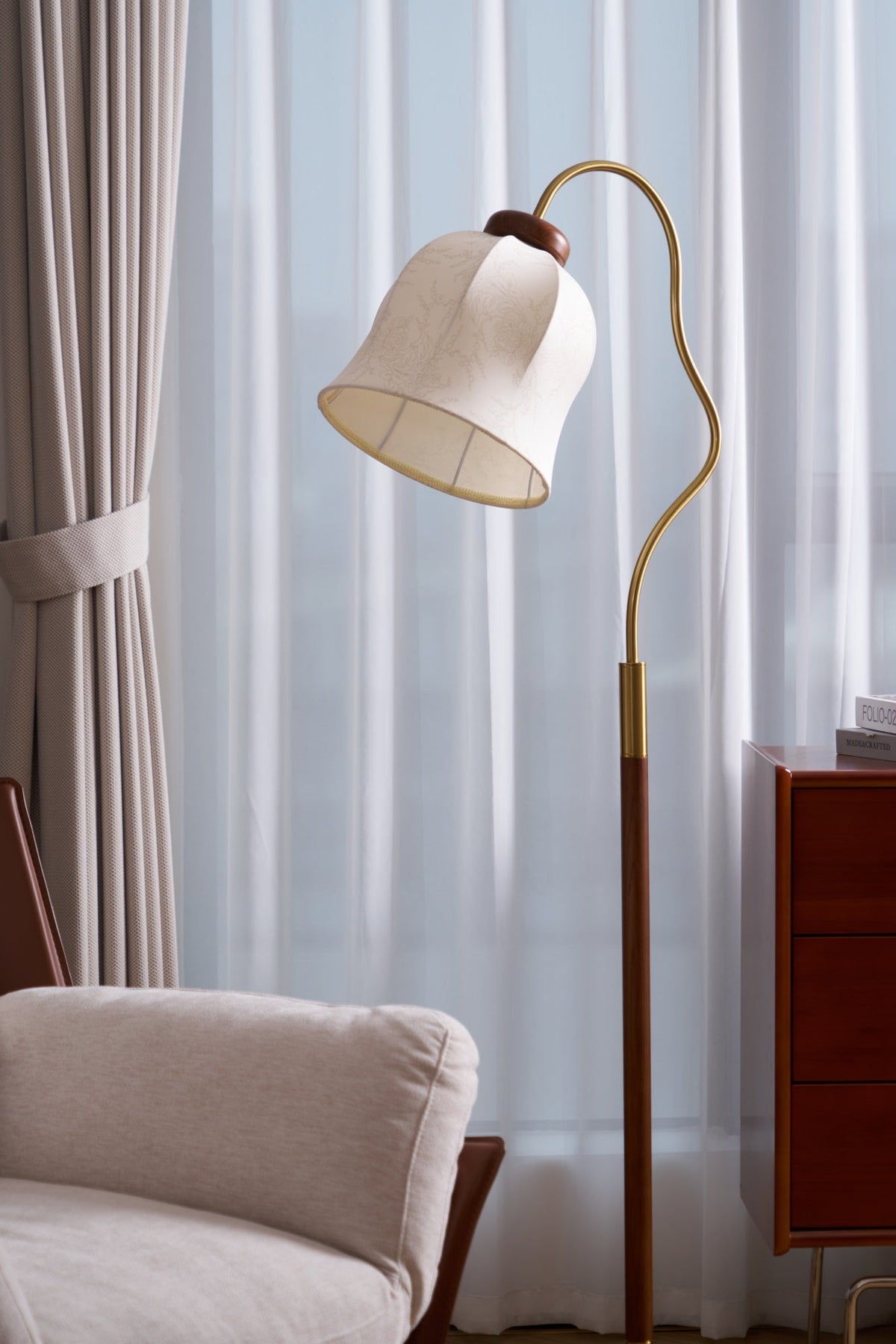 Bellvine Floor Lamp – Curved Brass & Walnut Wood with Floral Fabric Shade