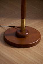 Bellvine Floor Lamp – Curved Brass & Walnut Wood with Floral Fabric Shade