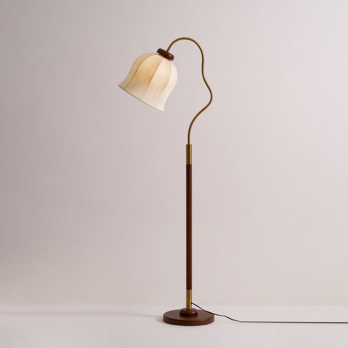 Bellvine Floor Lamp – Curved Brass & Walnut Wood with Floral Fabric Shade