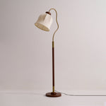 Bellvine Floor Lamp – Curved Brass & Walnut Wood with Floral Fabric Shade