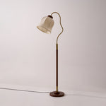 Bellvine Floor Lamp – Curved Brass & Walnut Wood with Floral Fabric Shade