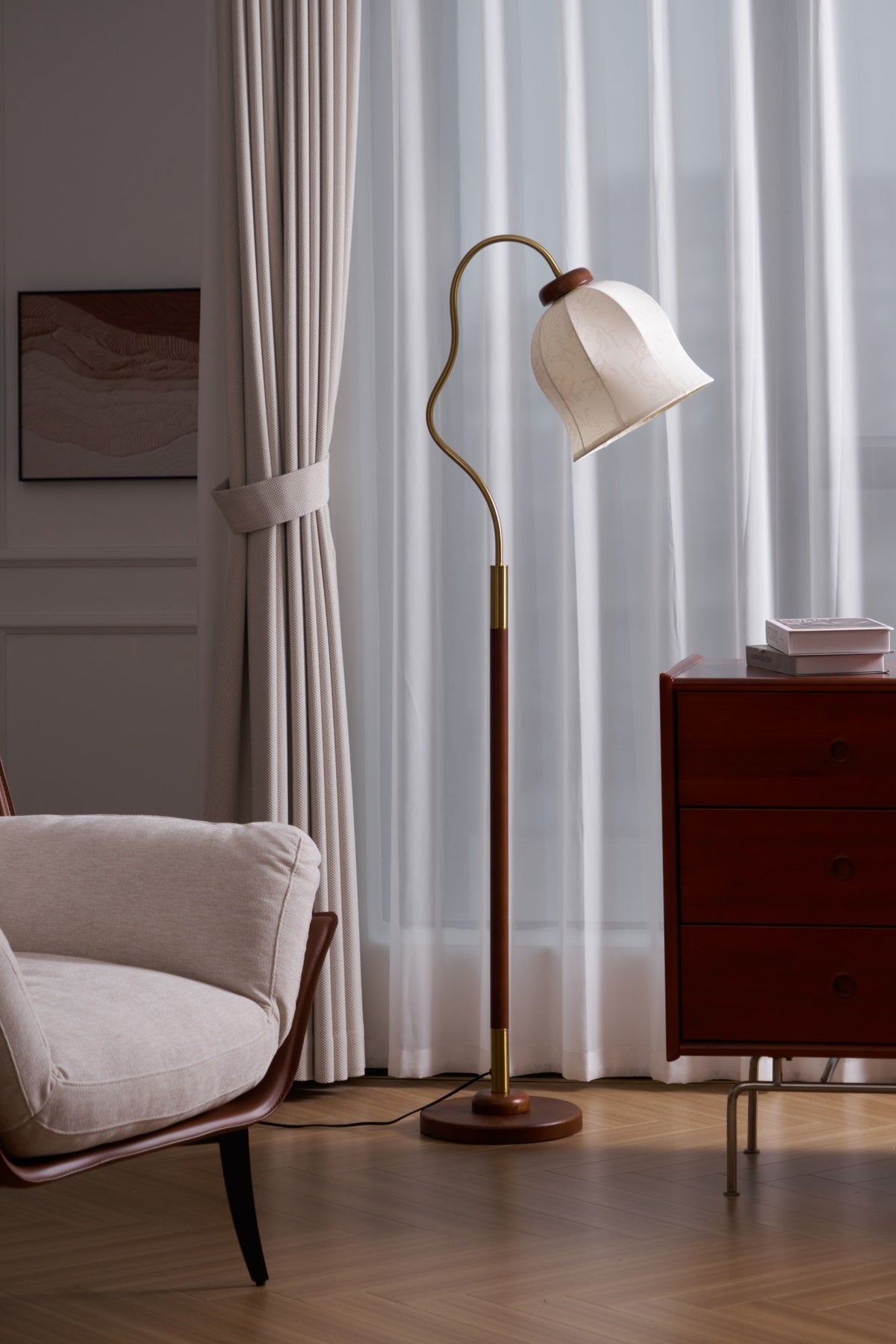 Bellvine Floor Lamp – Curved Brass & Walnut Wood with Floral Fabric Shade