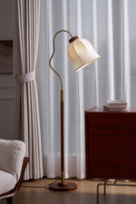 Bellvine Floor Lamp – Curved Brass & Walnut Wood with Floral Fabric Shade