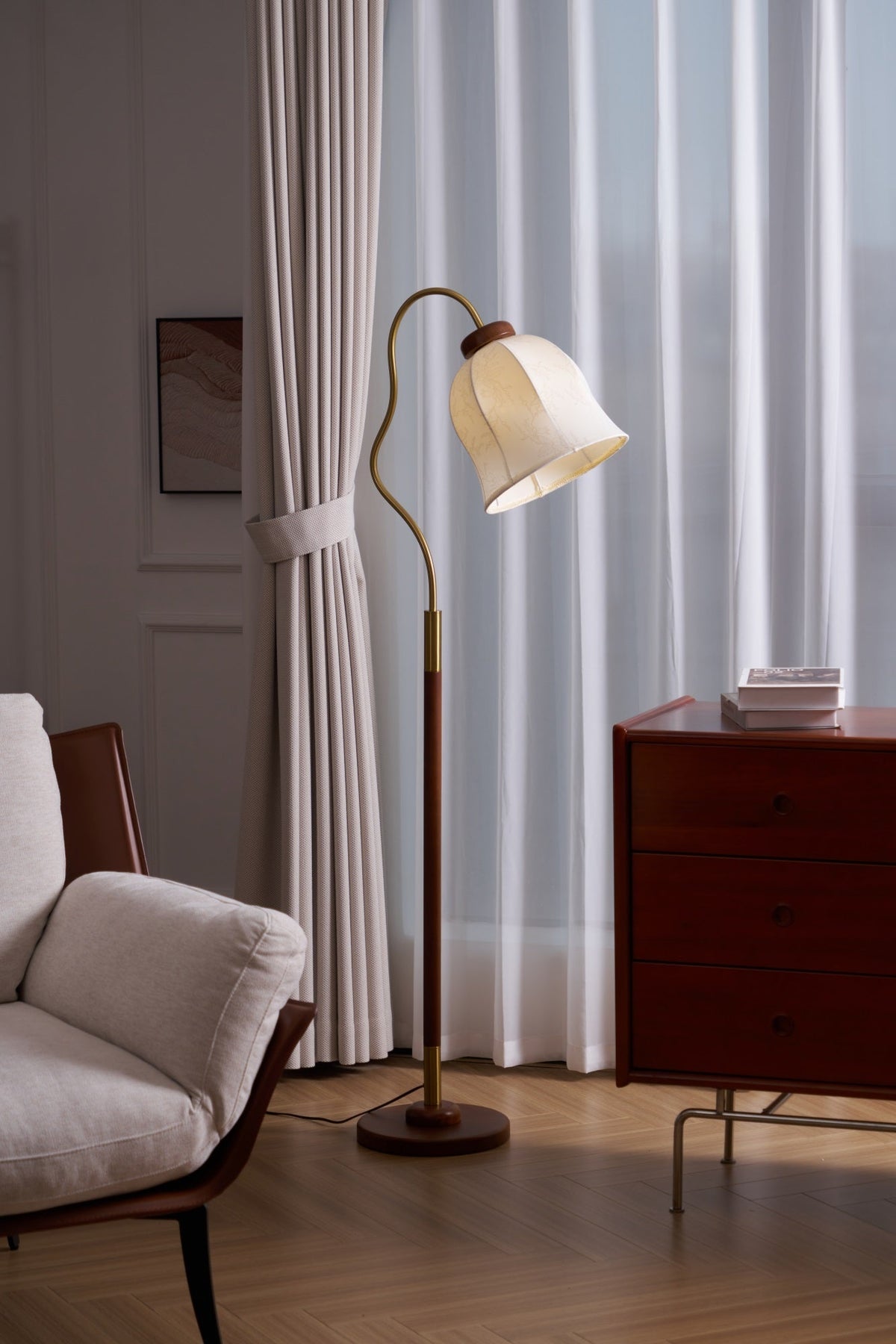Bellvine Floor Lamp – Curved Brass & Walnut Wood with Floral Fabric Shade