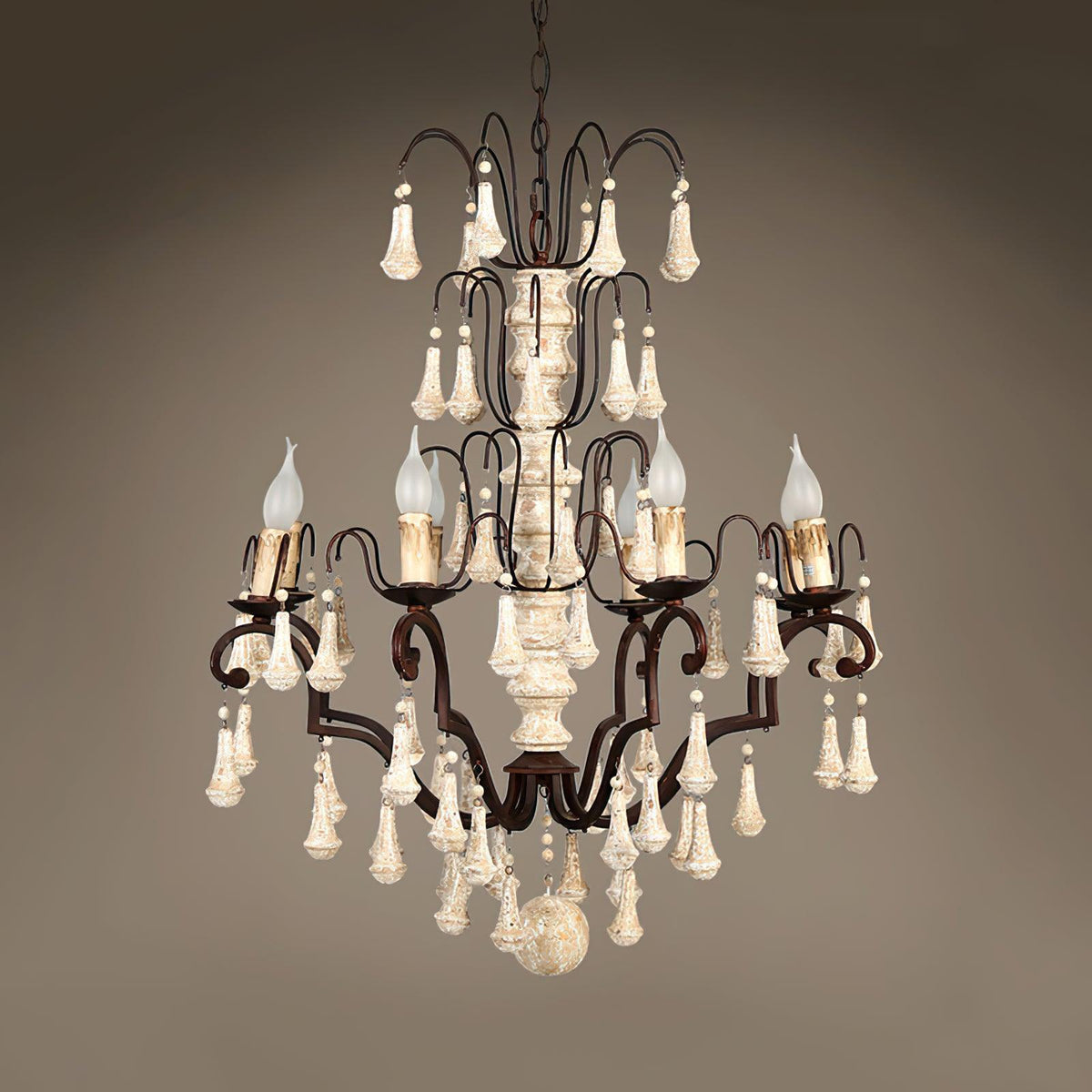 Bessie Eight-Light Vintage Wood and Metal Chandelier for Dining and Living Spaces