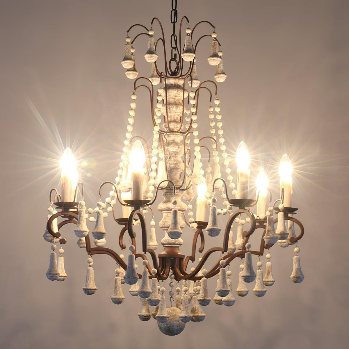 Bessie Eight-Light Vintage Wood and Metal Chandelier for Dining and Living Spaces