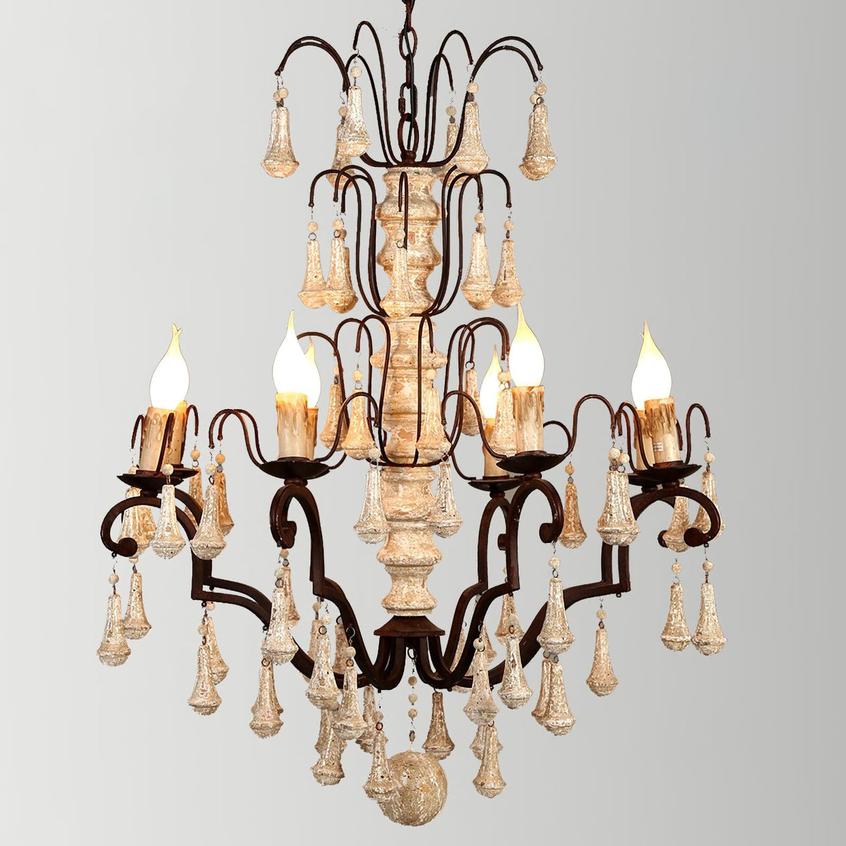 Bessie Eight-Light Vintage Wood and Metal Chandelier for Dining and Living Spaces