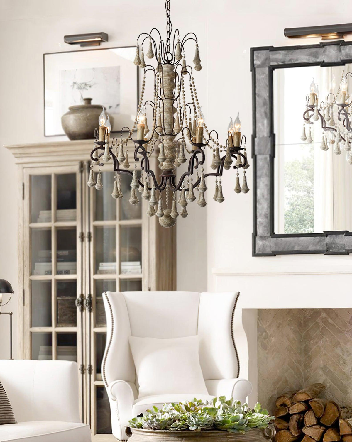 Bessie Eight-Light Vintage Wood and Metal Chandelier for Dining and Living Spaces