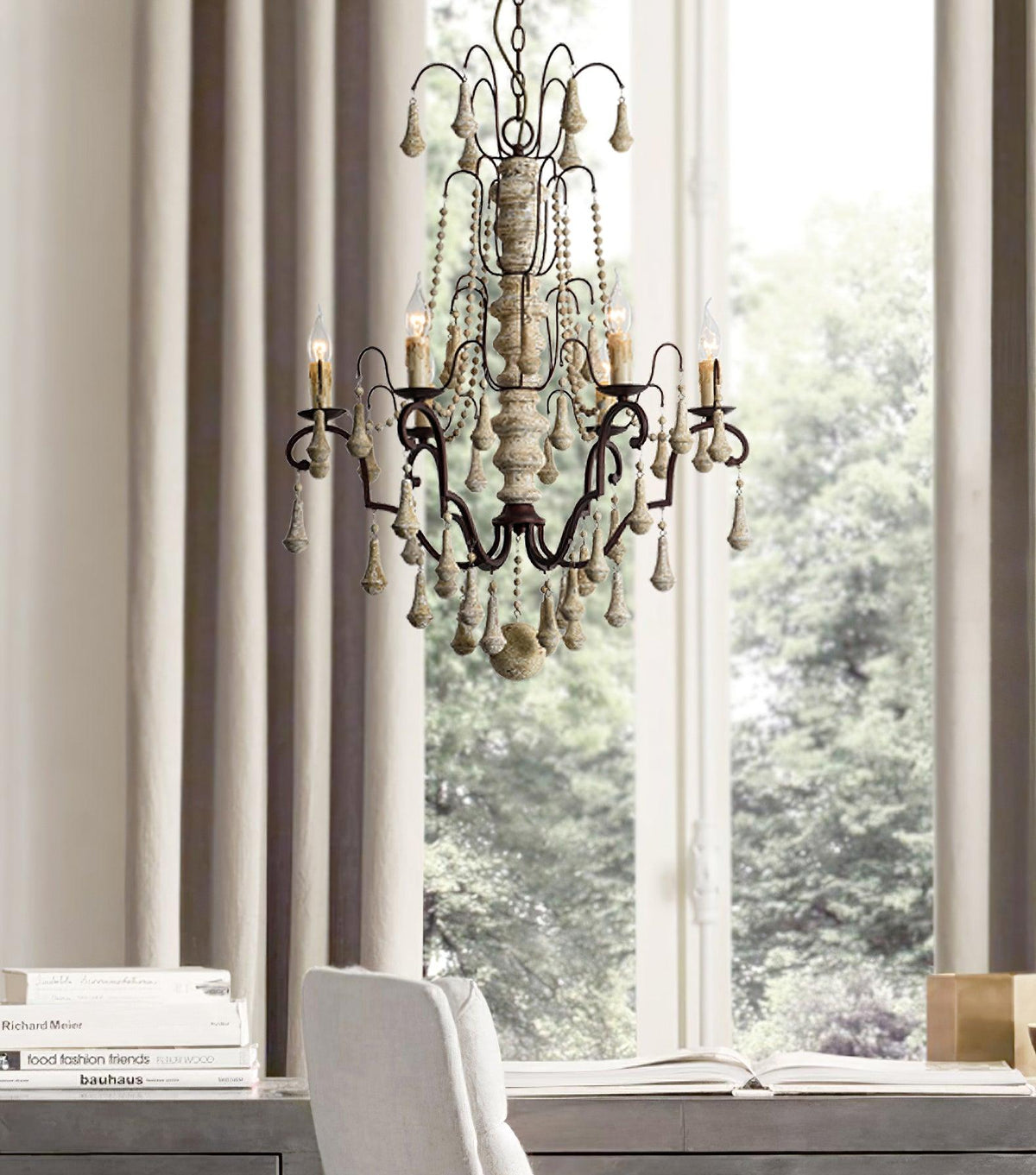 Bessie Eight-Light Vintage Wood and Metal Chandelier for Dining and Living Spaces