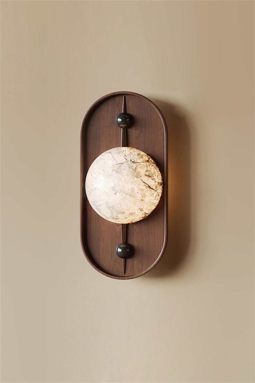 Bezel Alabaster Plug-In Wall Sconce with Walnut Accent