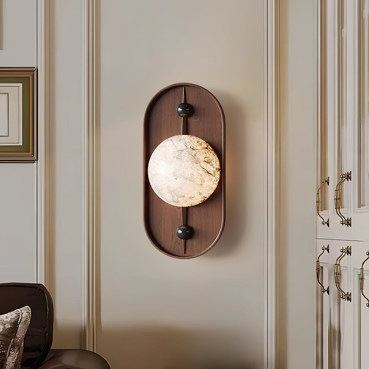Bezel Alabaster Plug-In Wall Sconce with Walnut Accent