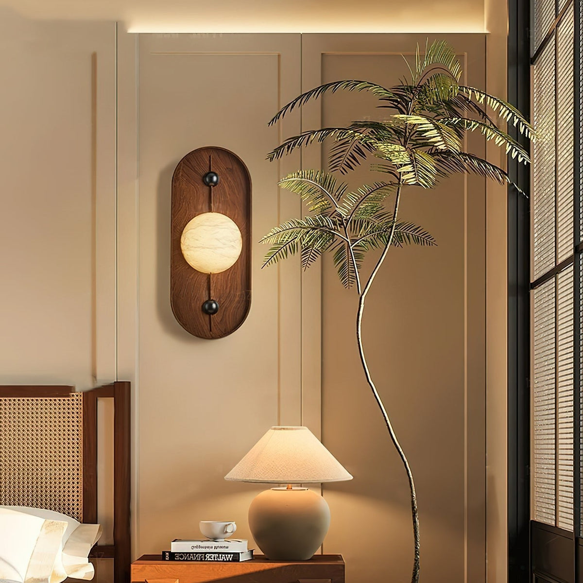 Bezel Alabaster Plug-In Wall Sconce with Walnut Accent
