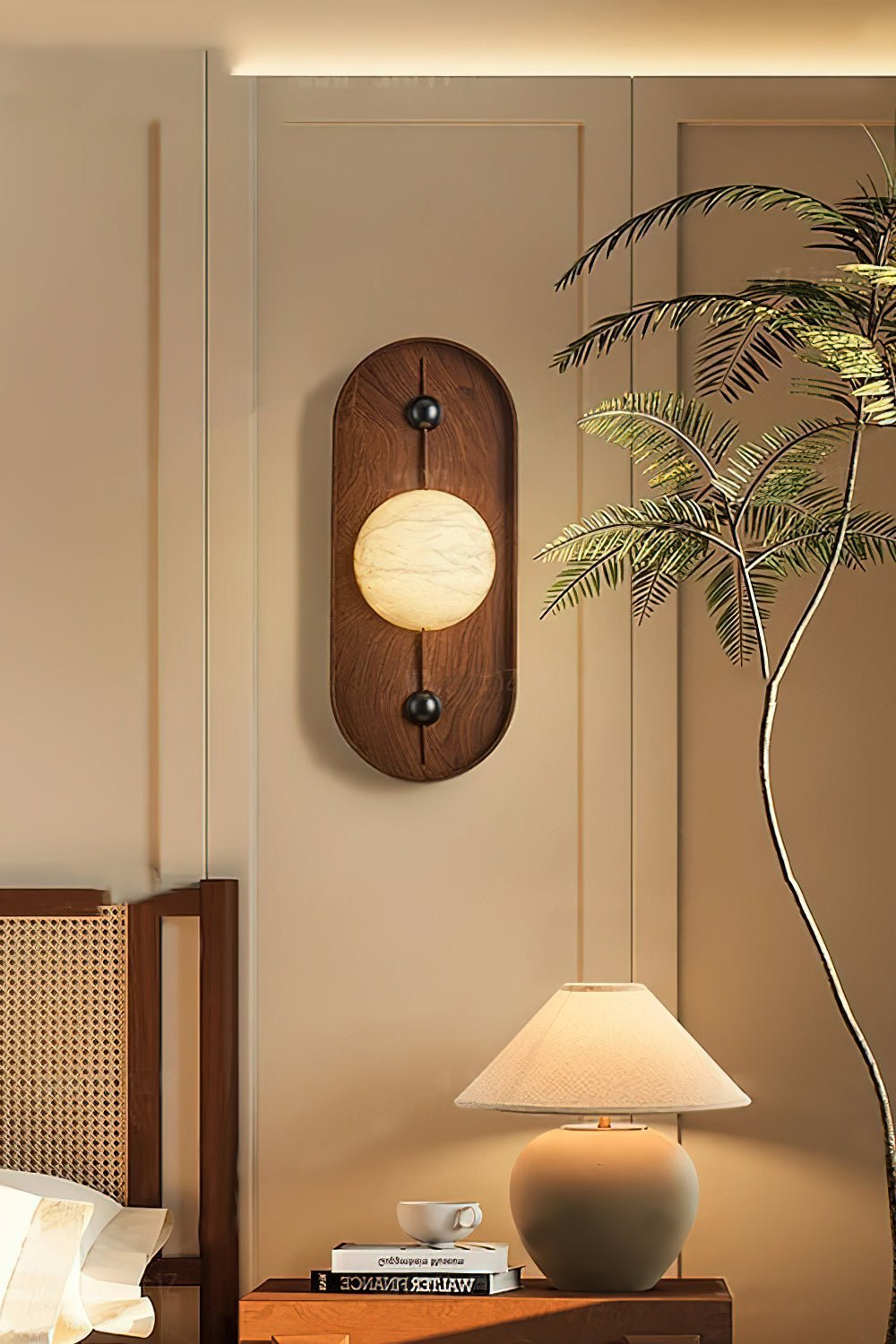 Bezel Alabaster Plug-In Wall Sconce with Walnut Accent