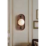 Bezel Alabaster Plug-In Wall Sconce with Walnut Accent
