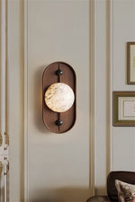 Bezel Alabaster Plug-In Wall Sconce with Walnut Accent