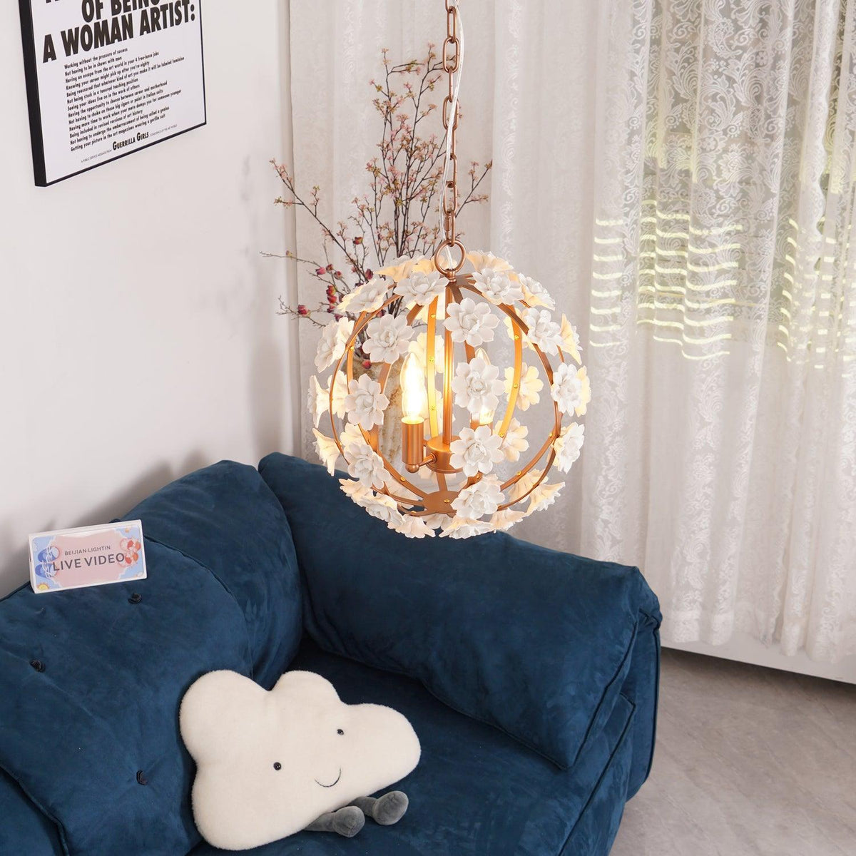 Bianca Floral Orb Chandelier – Ceramic Flower Pendant Light for Elegant Interiors
