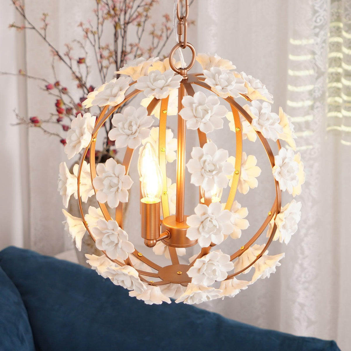 Bianca Floral Orb Chandelier – Ceramic Flower Pendant Light for Elegant Interiors