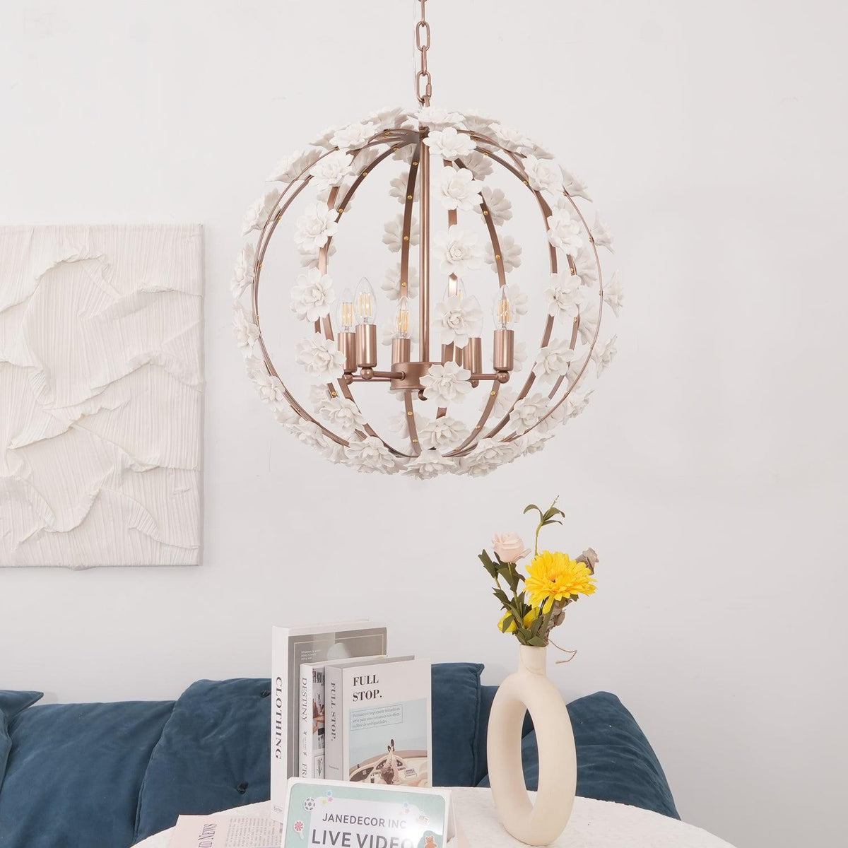 Bianca Floral Orb Chandelier – Ceramic Flower Pendant Light for Elegant Interiors