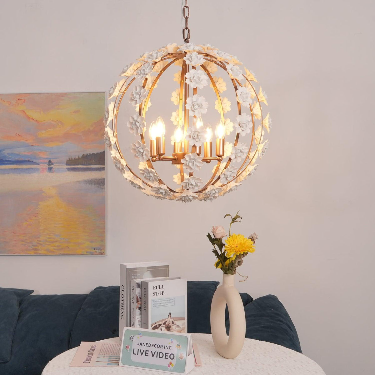 Bianca Floral Orb Chandelier – Ceramic Flower Pendant Light for Elegant Interiors