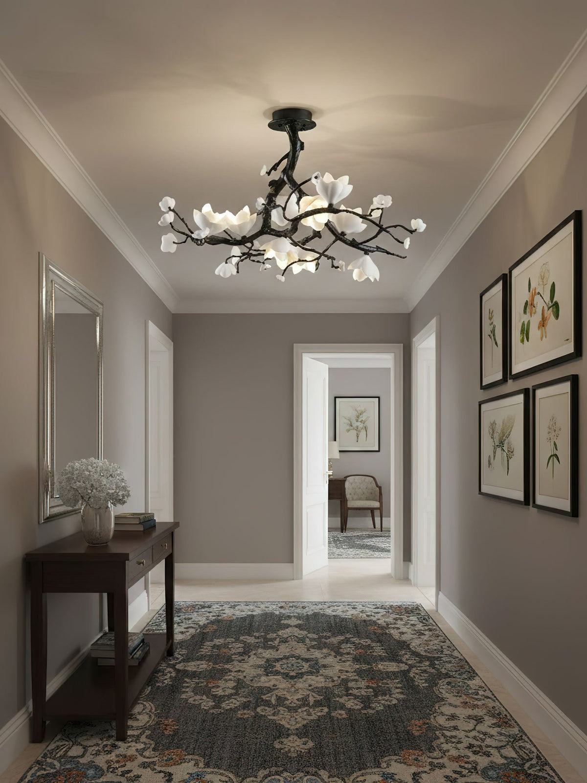 Black Copper Tree Chandelier — Organic Branch LED Chandelier with Ceramic Flowers